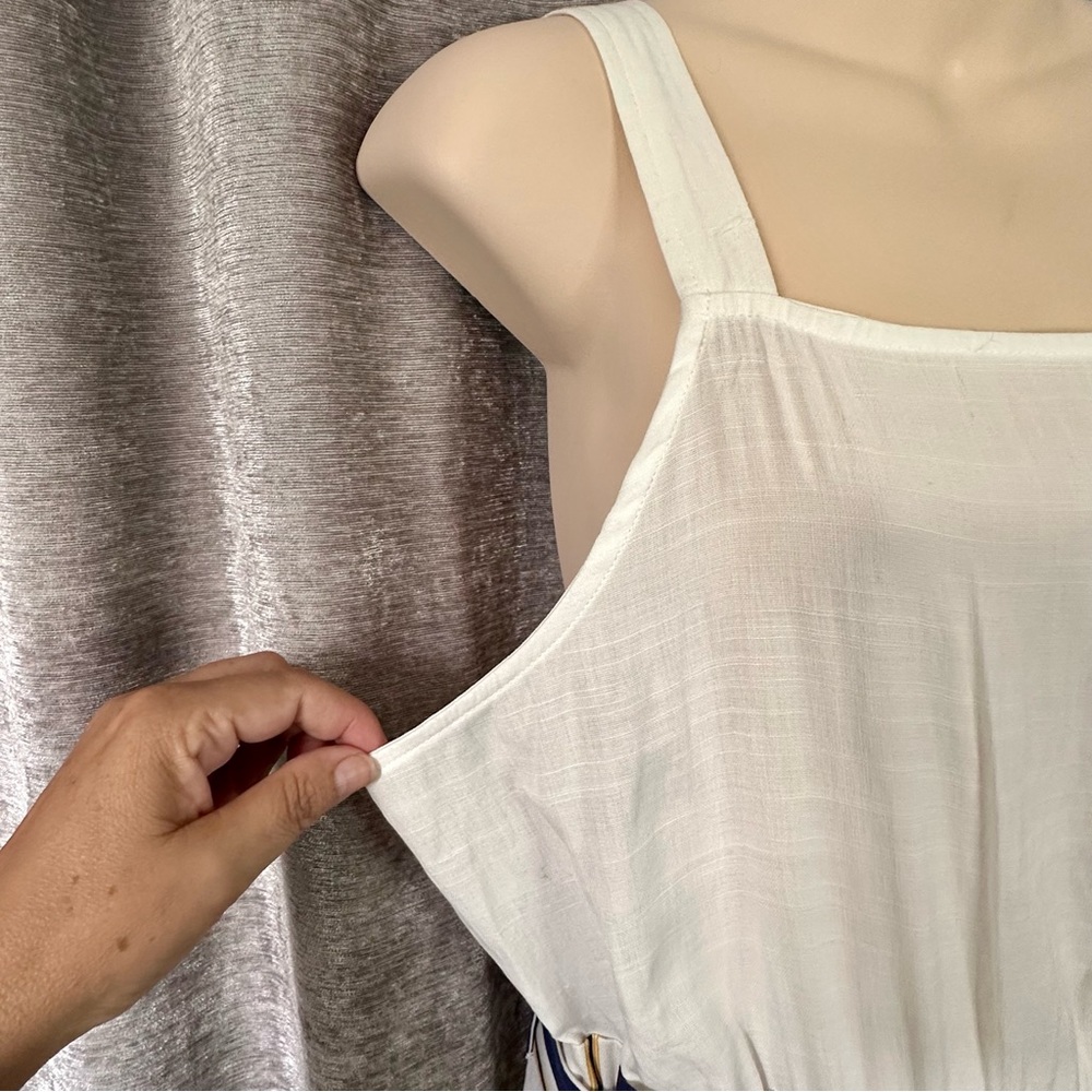 E & M White Blue and Mustard Striped Belted Overall Jumpsuit Women's Size L - Picture 7 of 14
